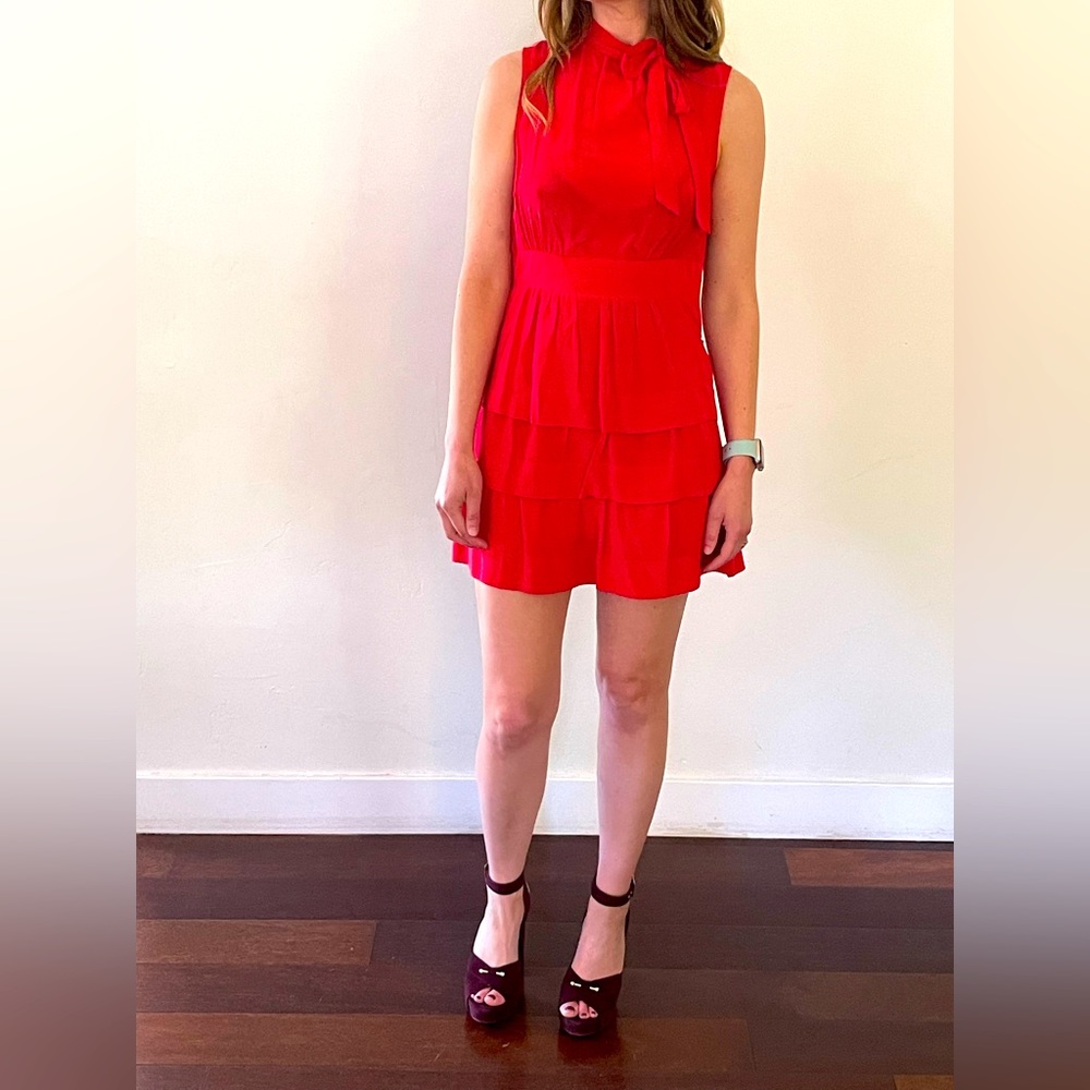 Anthropologie Ruffled Mini Dress 100% Silk with Bow tie at neck.